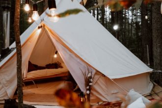 tent camping glamping sleeping cot lights luxury